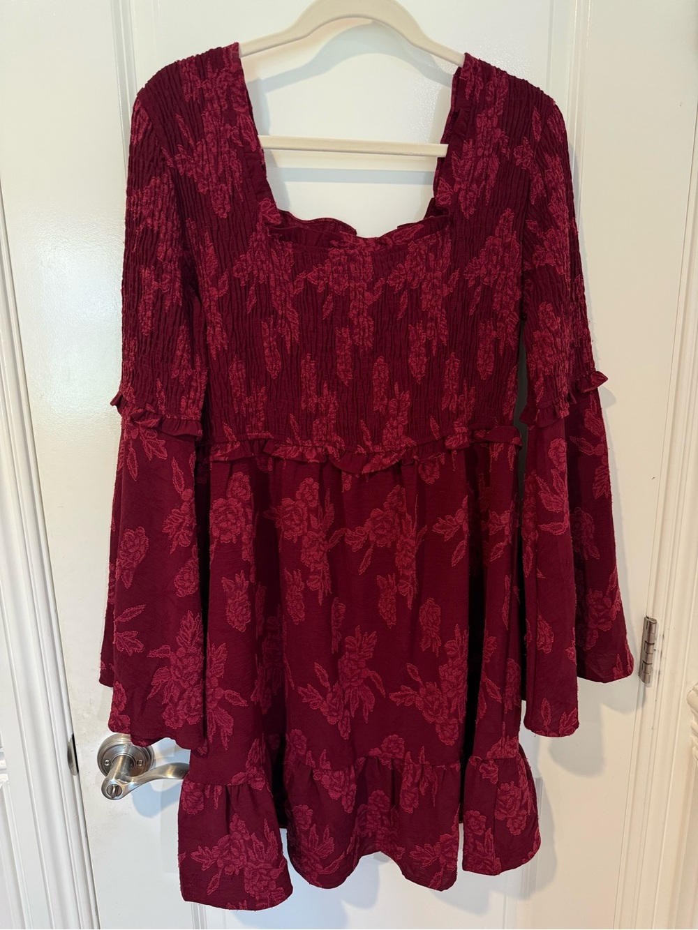 Women's Burgundy Floral Long-Sleeve Casual Dress
